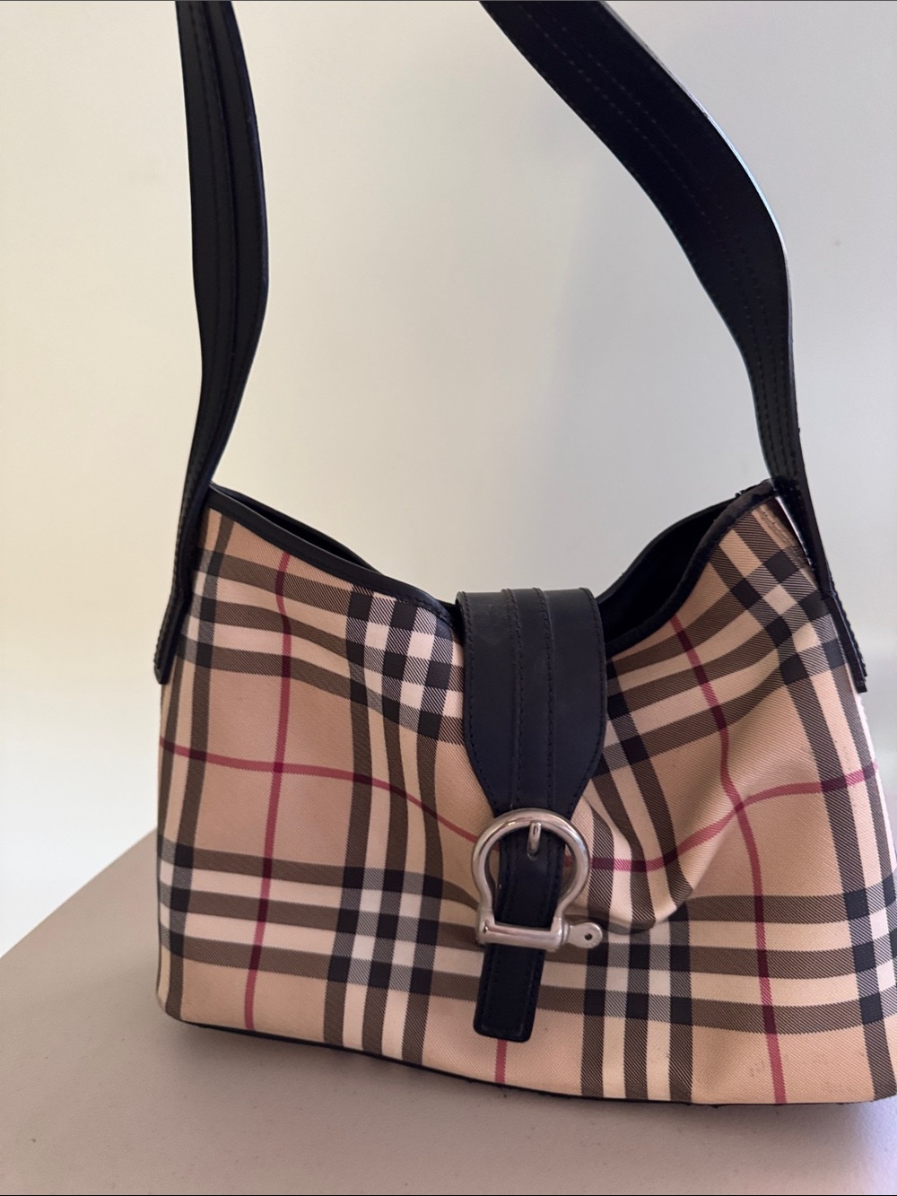 Burberry Nova Check Shoulder Bag with Black Trim and Silver Buckle